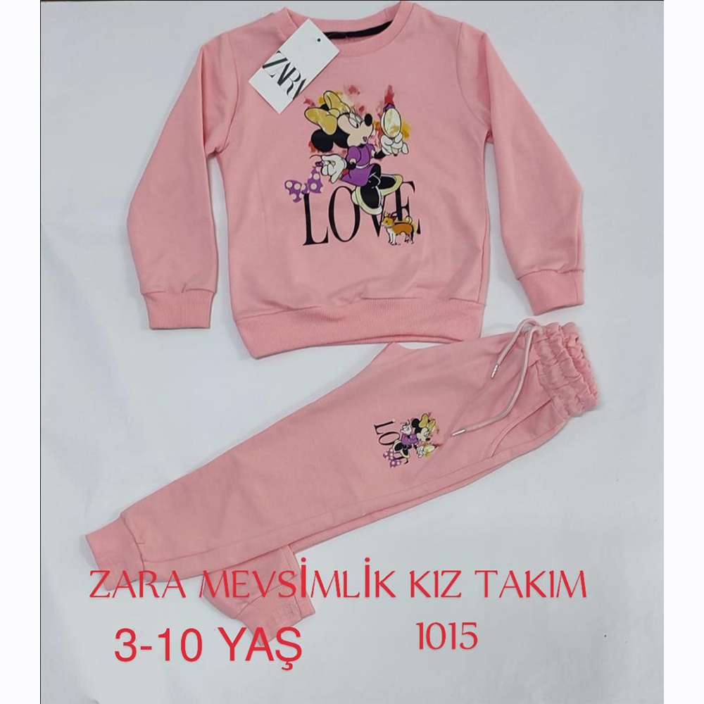 ZARA-1015 Kız Çocuk Penye Sıfır Yaka Mini Baskılı Takım 3-6 Yaş - Gri - 3-4-5-6 YAŞ