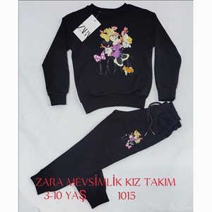 ZARA-1015 Kız Çocuk Penye Sıfır Yaka Mini Baskılı Takım 3-6 Yaş - Gri - 3-4-5-6 YAŞ