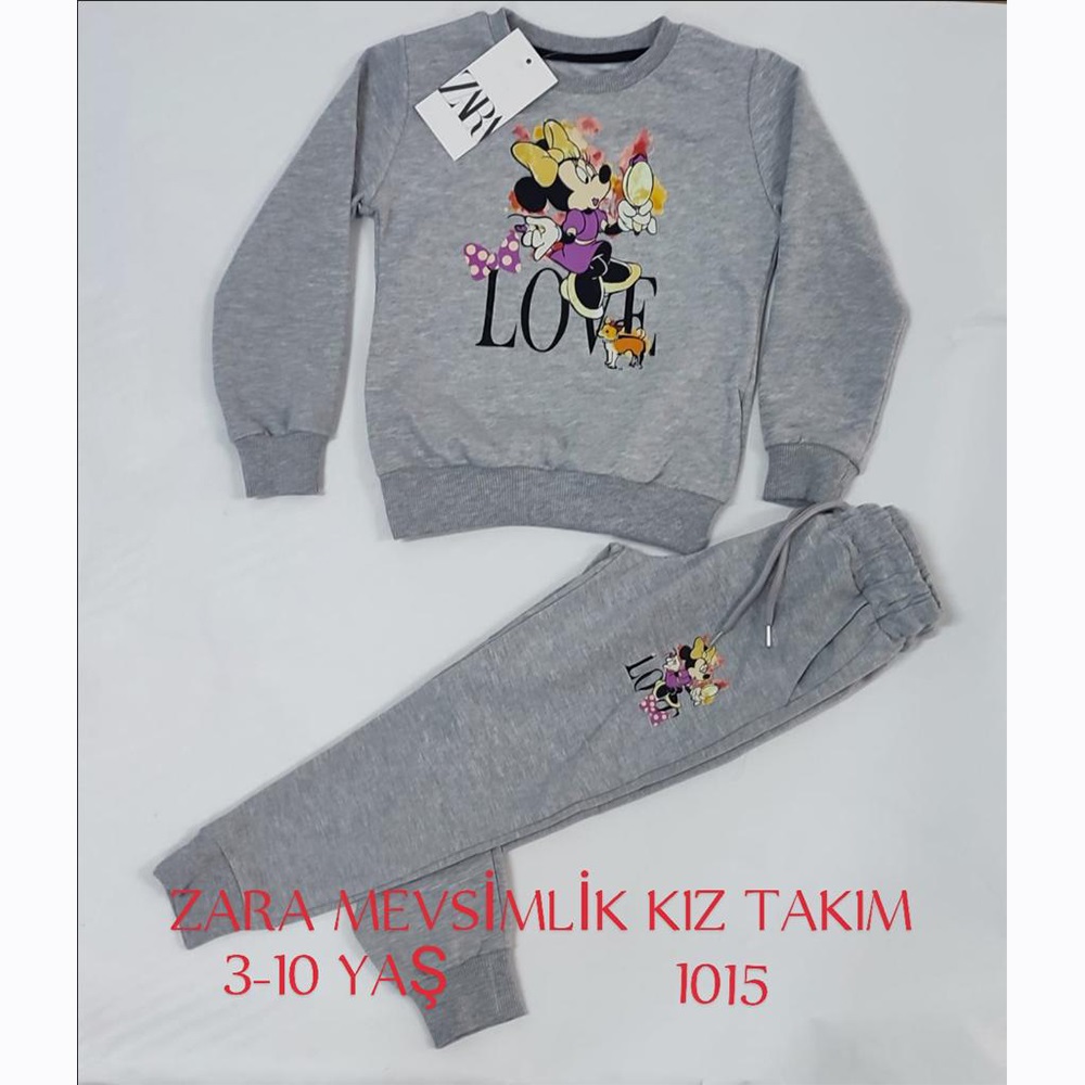 ZARA-1015 Kız Çocuk Penye Sıfır Yaka Mini Baskılı Takım 3-6 Yaş - Gri - 3-4-5-6 YAŞ
