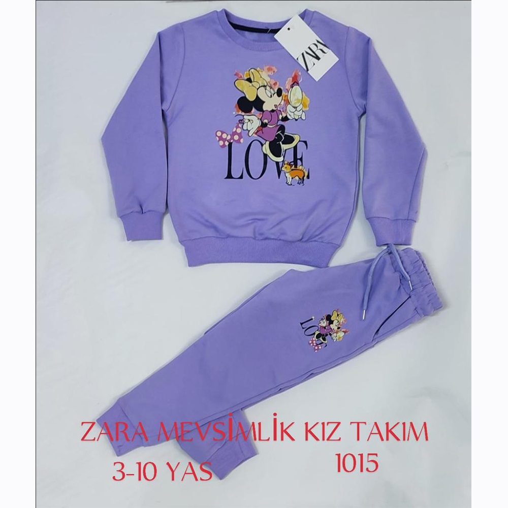 ZARA-1015 Kız Çocuk Penye Sıfır Yaka Mini Baskılı Takım 3-6 Yaş - Gri - 3-4-5-6 YAŞ