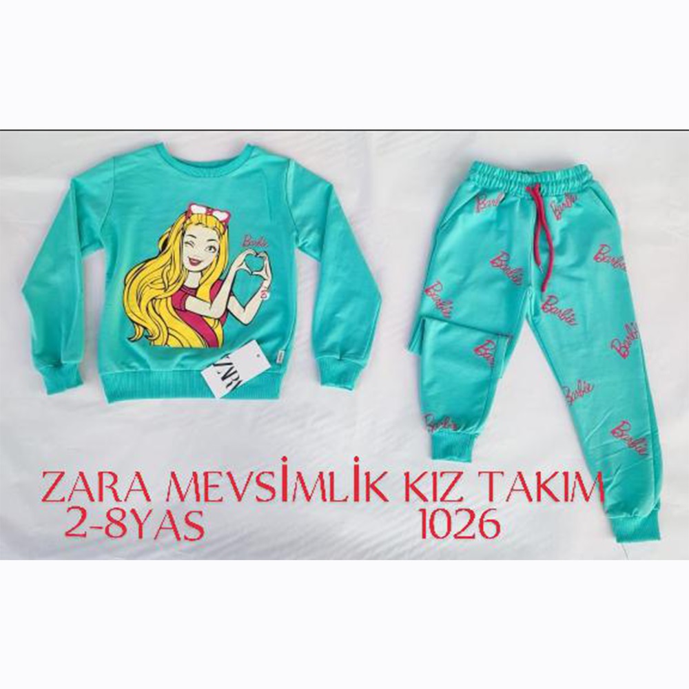 ZARA-1026 Kız Çocuk Penye Sıfır Yaka Barbie Kız Baskılı Takım 2-8 Yaş