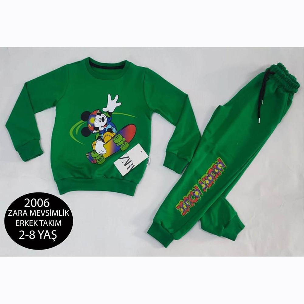 ZARA-2006 Erkek Çocuk Penye Sıfır Yaka Miki Baskılı Takım 2-8 Yaş - Yeşil - 2-3 3-4 4-5 5-6 7-8