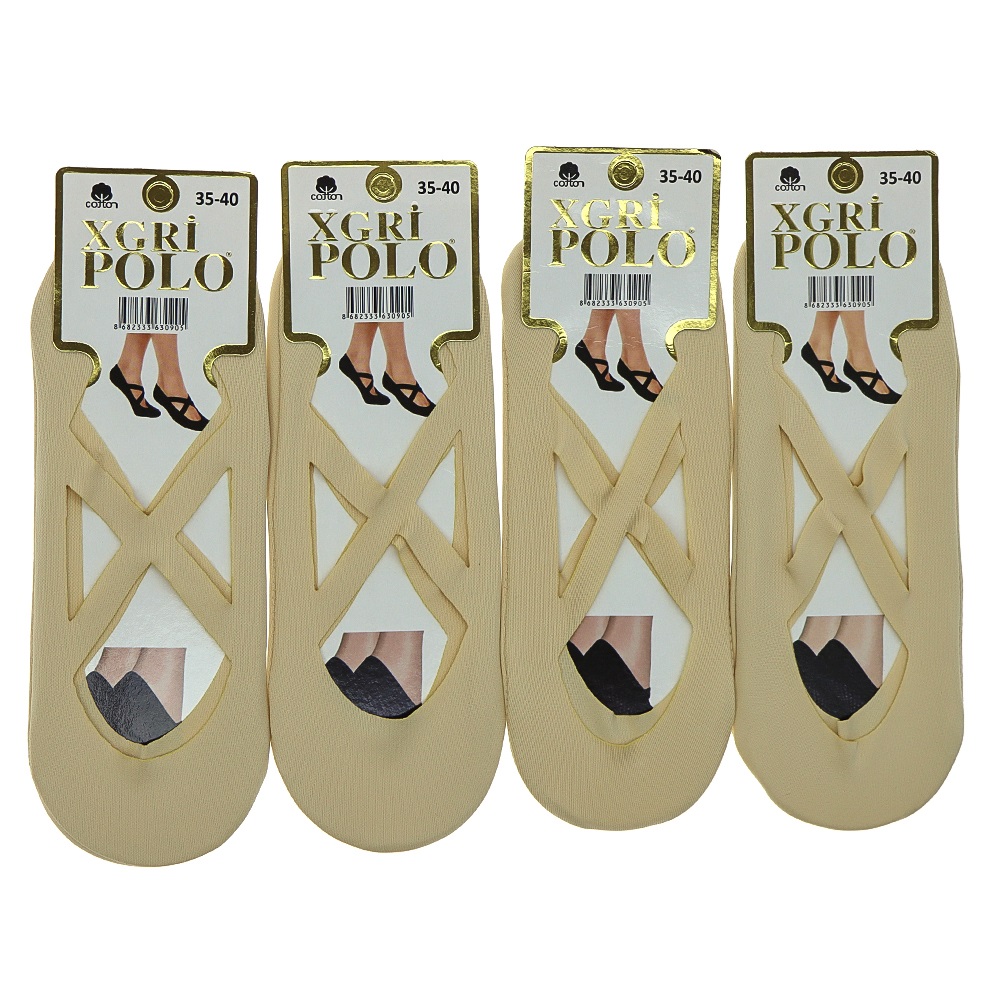 X Gri Polo B-61 Bayan Likralı Silikonlu Kaymaz Plates Babet Çorap - Siyah