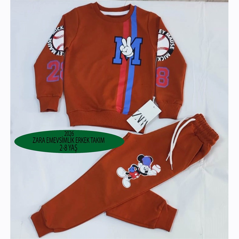 ZARA-2003 Erkek Çocuk Penye Sıfır Yaka M Baskılı Takım 2-8 Yaş - Kiremit - 2-3 3-4 4-5 5-6 7-8