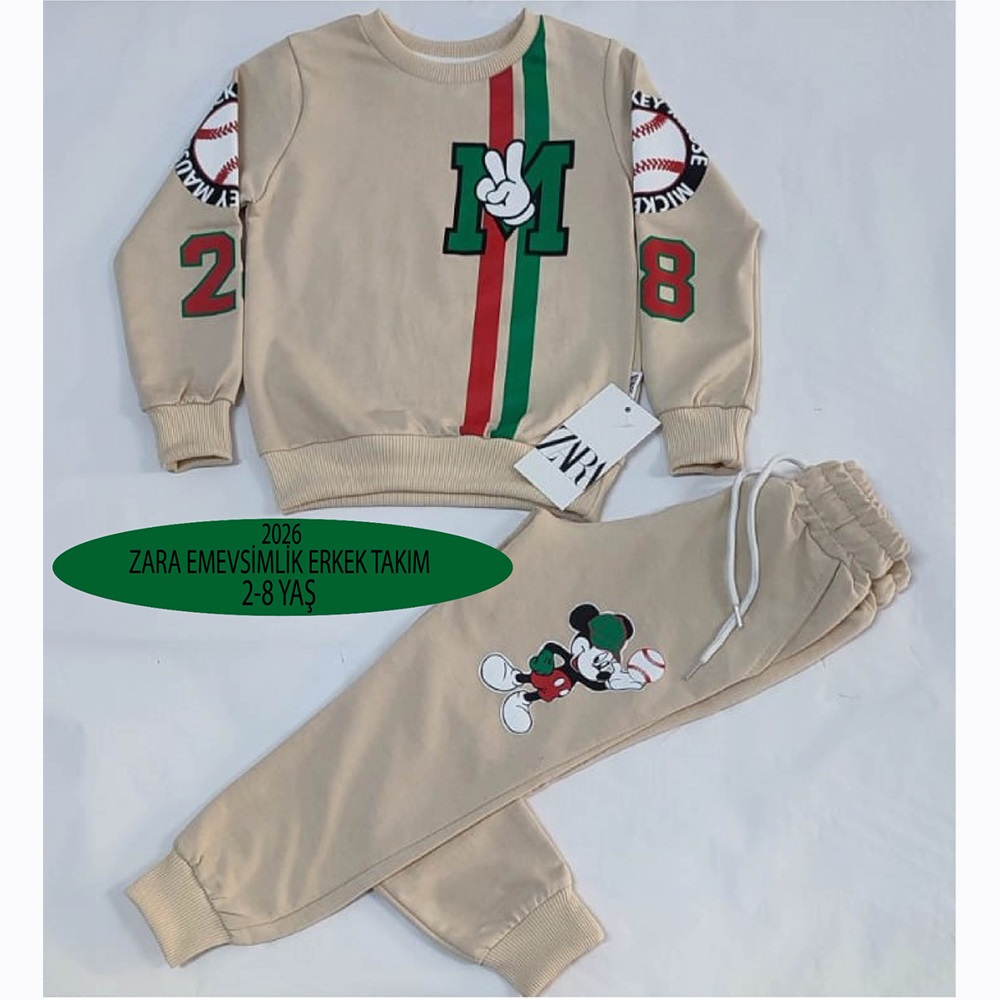 ZARA-2003 Erkek Çocuk Penye Sıfır Yaka M Baskılı Takım 2-8 Yaş - Kiremit - 2-3 3-4 4-5 5-6 7-8