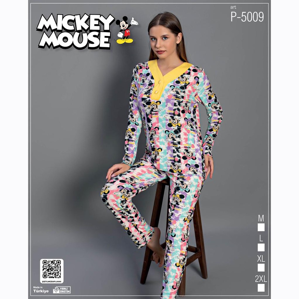 Mıckey Mouse P-5009 Bayan Mıckey Mouse Desenli Süet Pijama Takımı M-2XL