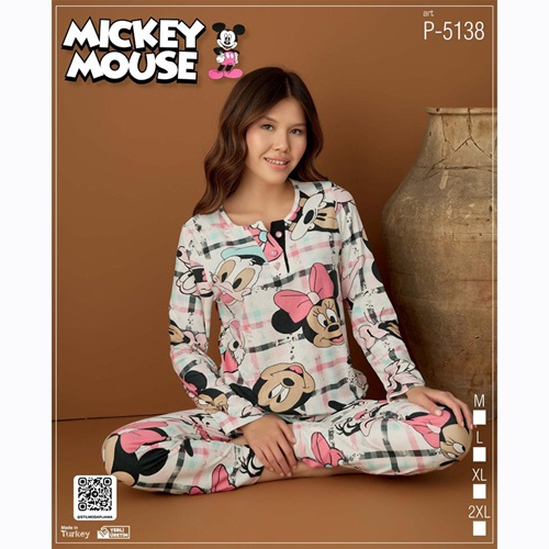 Mıckey Mouse P-5138 Bayan Mıckey Mouse Desenli Süet Pijama Takımı M-2XL