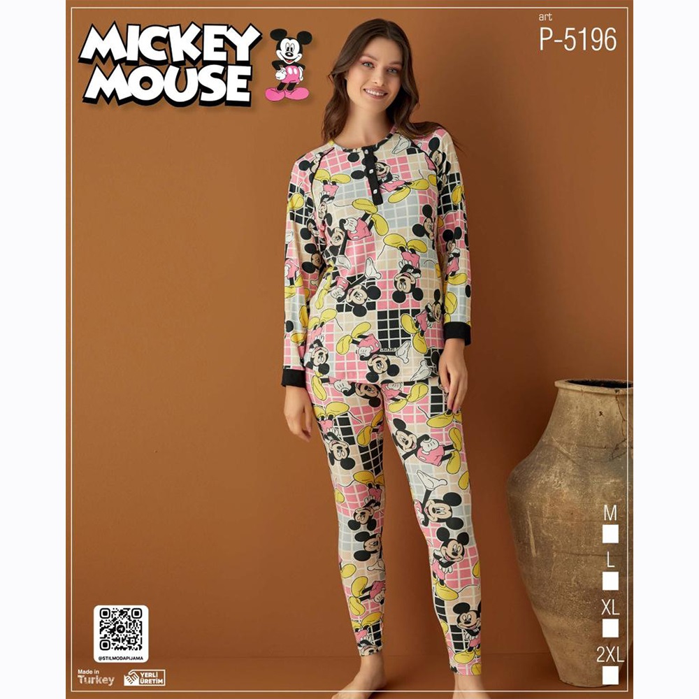 Mıckey Mouse P-5196 Bayan Mıckey Mouse Desenli Süet Pijama Takımı M-2XL