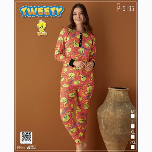 Tweety P-5195 Bayan Tweety Desenli Süet Pijama Takımı M-2XL