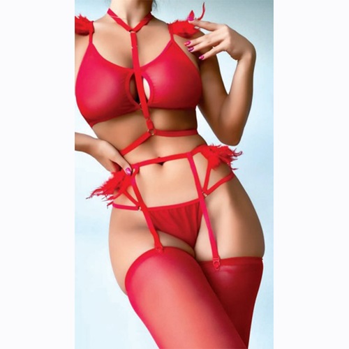 NightLight 3421 Bayan Tüy Detaylı Tül Fantazi Jartiyer Takım - Kırmızı