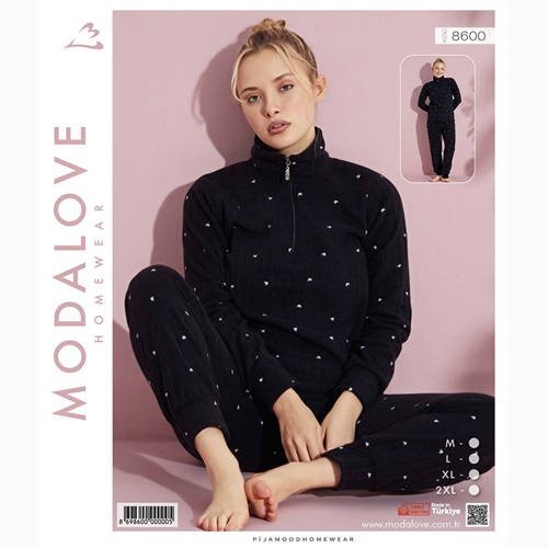 Modalove 8600 Bayan Desenli Raporlu Polar Dik Yaka Yarım Ferm Pijama Takımı M-2XL