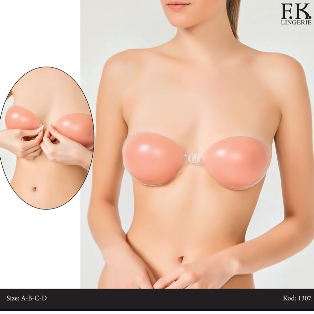 F.K 1307 Bayan Önden Klipsli Straplez Yapışkan Görünmez Silikon Sütyen - Ten