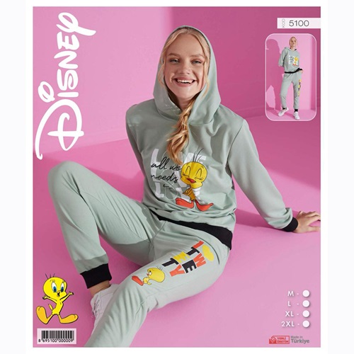 Pijamood Disney 5100 Bayan Baskılı Kapşonlu 2 İp Pijama Takımı M-2XL