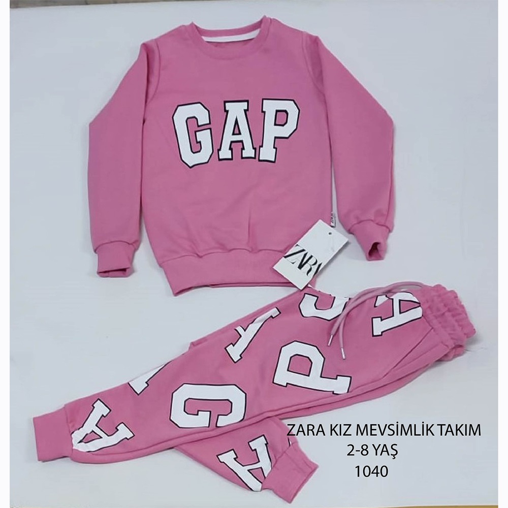 ZARA-1040 Kız Çocuk Penye Sıfır Yaka Gap Baskılı Takım 2-8 Yaş - Gri - 2-3 3-4 4-5 5-6 7-8