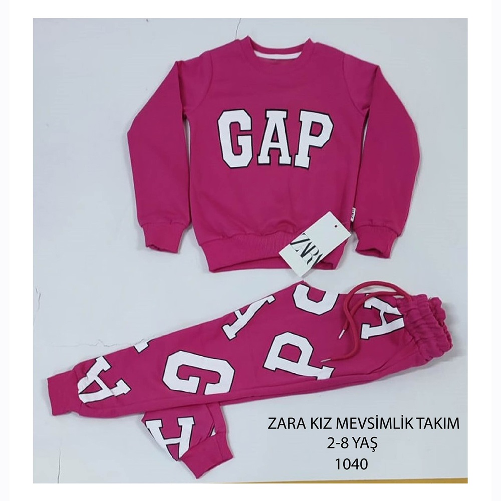 ZARA-1040 Kız Çocuk Penye Sıfır Yaka Gap Baskılı Takım 2-8 Yaş - Gri - 2-3 3-4 4-5 5-6 7-8