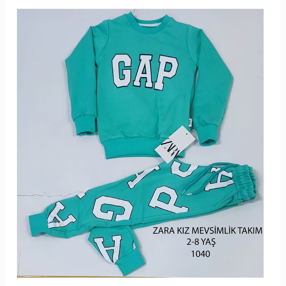 ZARA-1040 Kız Çocuk Penye Sıfır Yaka Gap Baskılı Takım 2-8 Yaş - Gri - 2-3 3-4 4-5 5-6 7-8