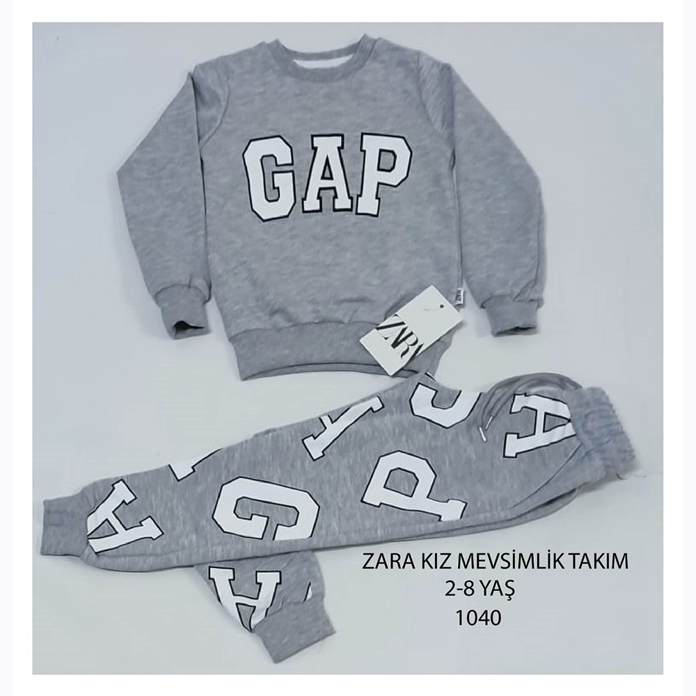 ZARA-1040 Kız Çocuk Penye Sıfır Yaka Gap Baskılı Takım 2-8 Yaş - Gri - 2-3 3-4 4-5 5-6 7-8