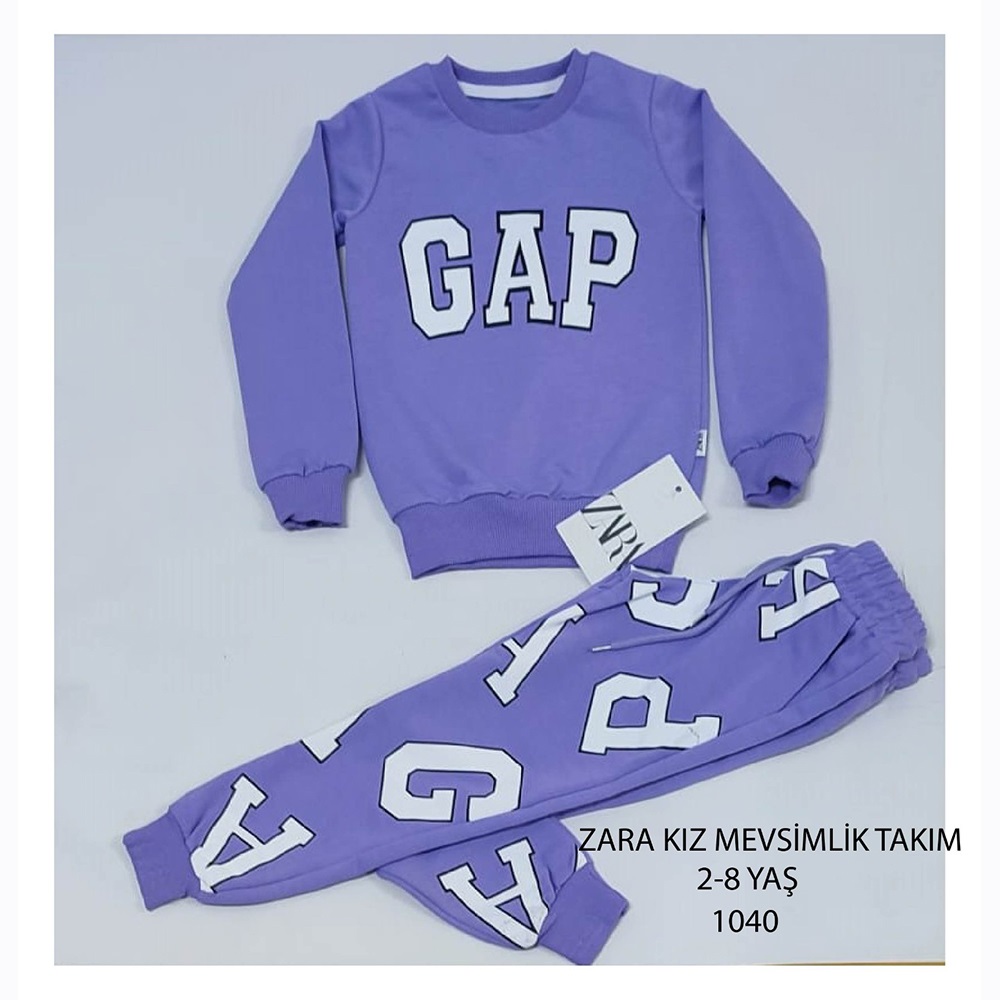 ZARA-1040 Kız Çocuk Penye Sıfır Yaka Gap Baskılı Takım 2-8 Yaş - Gri - 2-3 3-4 4-5 5-6 7-8