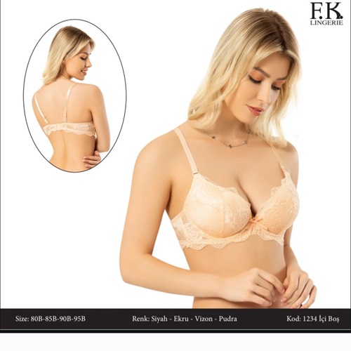 F.K 1234 Bayan Dantelli Yarı Dolgulu Balenli Sütyen 75-90 12Li - Ekru