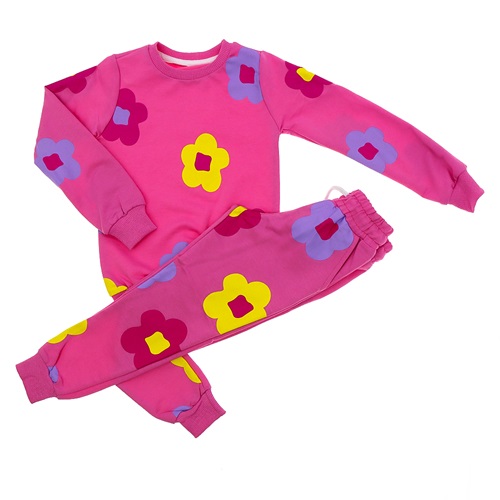 ZARA-1041 Kız Çocuk Penye Sıfır Yaka Çiçek Baskılı Takım 2-8 Yaş - Lila - 2-3 3-4 4-5 5-6 7-8