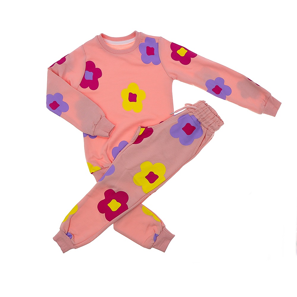 ZARA-1041 Kız Çocuk Penye Sıfır Yaka Çiçek Baskılı Takım 2-8 Yaş - Lila - 2-3 3-4 4-5 5-6 7-8