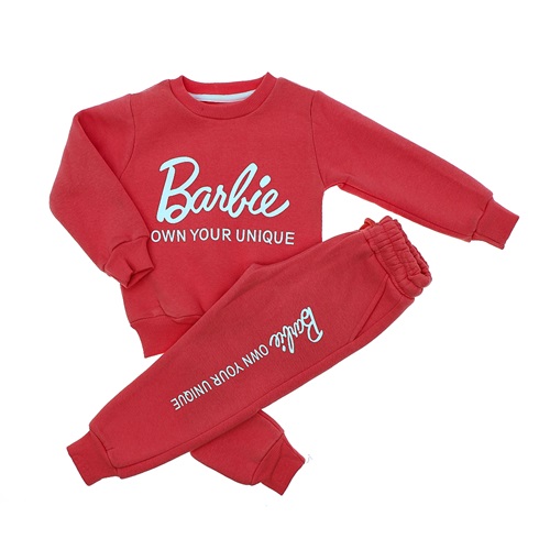 ZARA 4004 Kız Çocuk 3İp Sıfır Yaka Barbie Baskılı Takım 2-8 Yaş - Gri