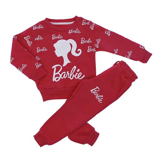 ZARA 4001 Kız Çocuk 3İp Sıfır Yaka Barbie Baskılı Takım 2-8 Yaş - Sarı