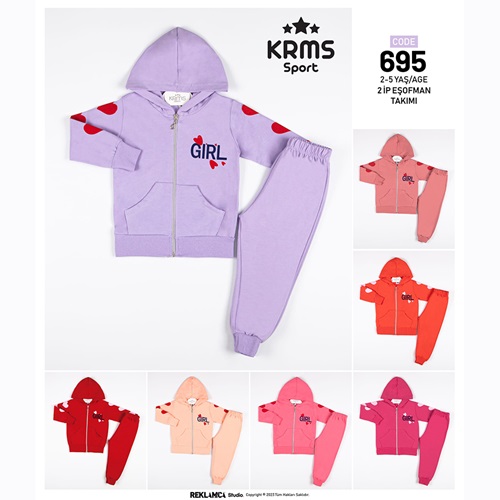Krms 695 Kız Çocuk 2 İp Gırl Kalp Baskılı Hırkalı Takım 2-5 Yaş - Kırmızı