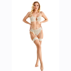 Lily Bicnca 274 Bayan Fantazi Tül İşlemeli Jartiyerli Takım Gecelik - Krem