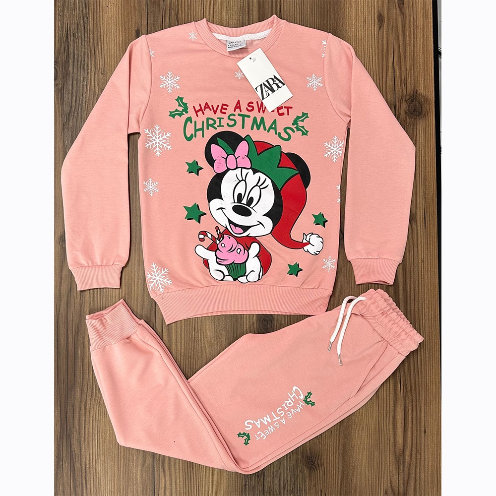 Zara Kız Çocuk Penye Noel Şapkalı Minnie Mouse Kar Tanesi Baskılı Takım 7-10 Yaş - Pudra