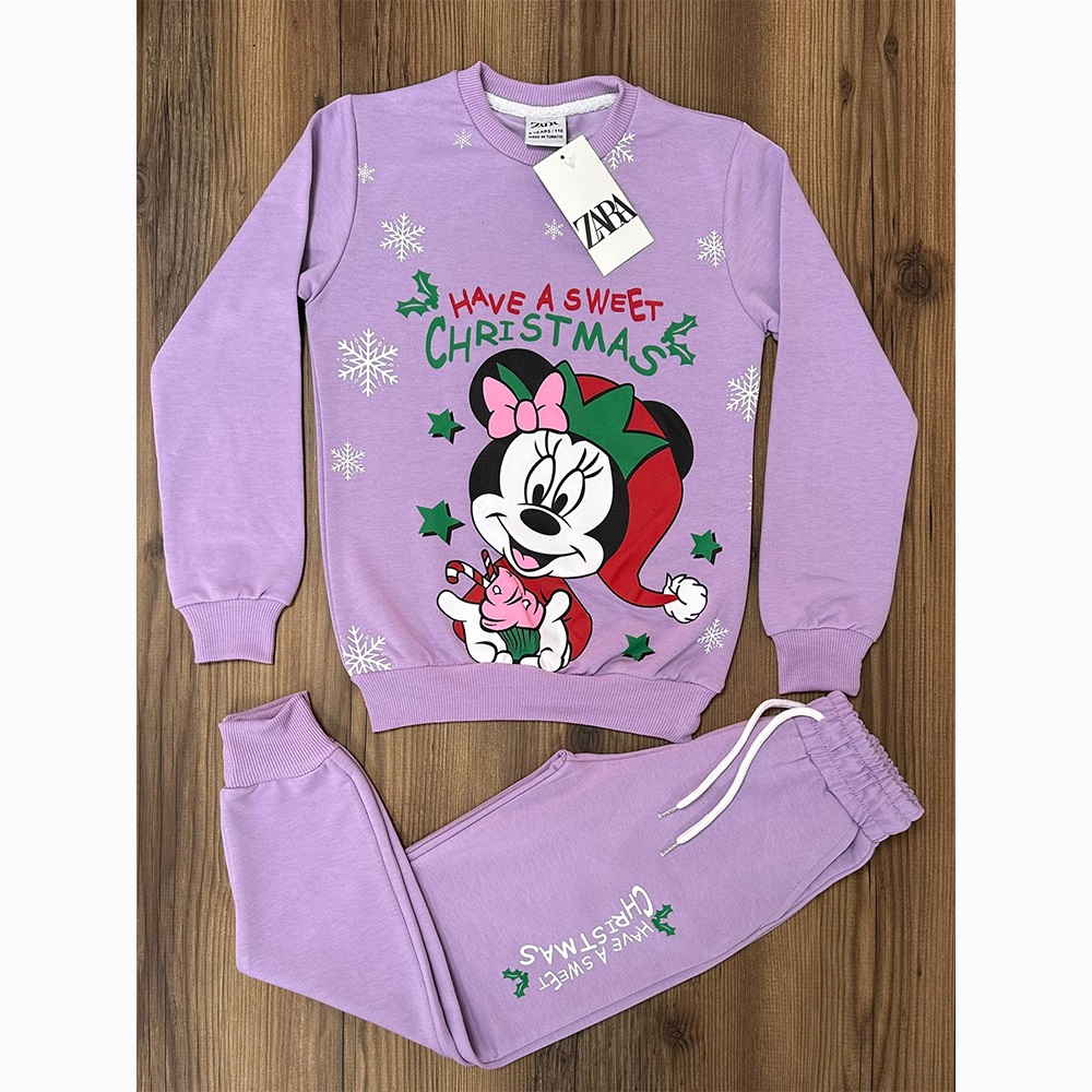 Zara Kız Çocuk Penye Noel Şapkalı Minnie Mouse Kar Tanesi Baskılı Takım 7-10 Yaş - Pudra