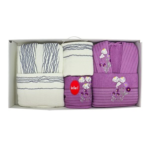 Baktıroğlu Çift Kişilik Bornoz Takımı 6 Lı Set - Gri Pembe