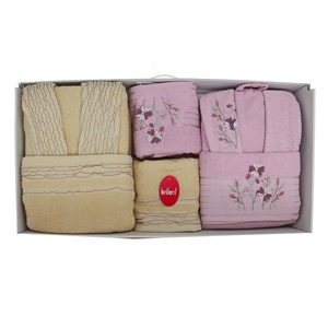 Baktıroğlu Çift Kişilik Bornoz Takımı 6 Lı Set - Gri Pembe