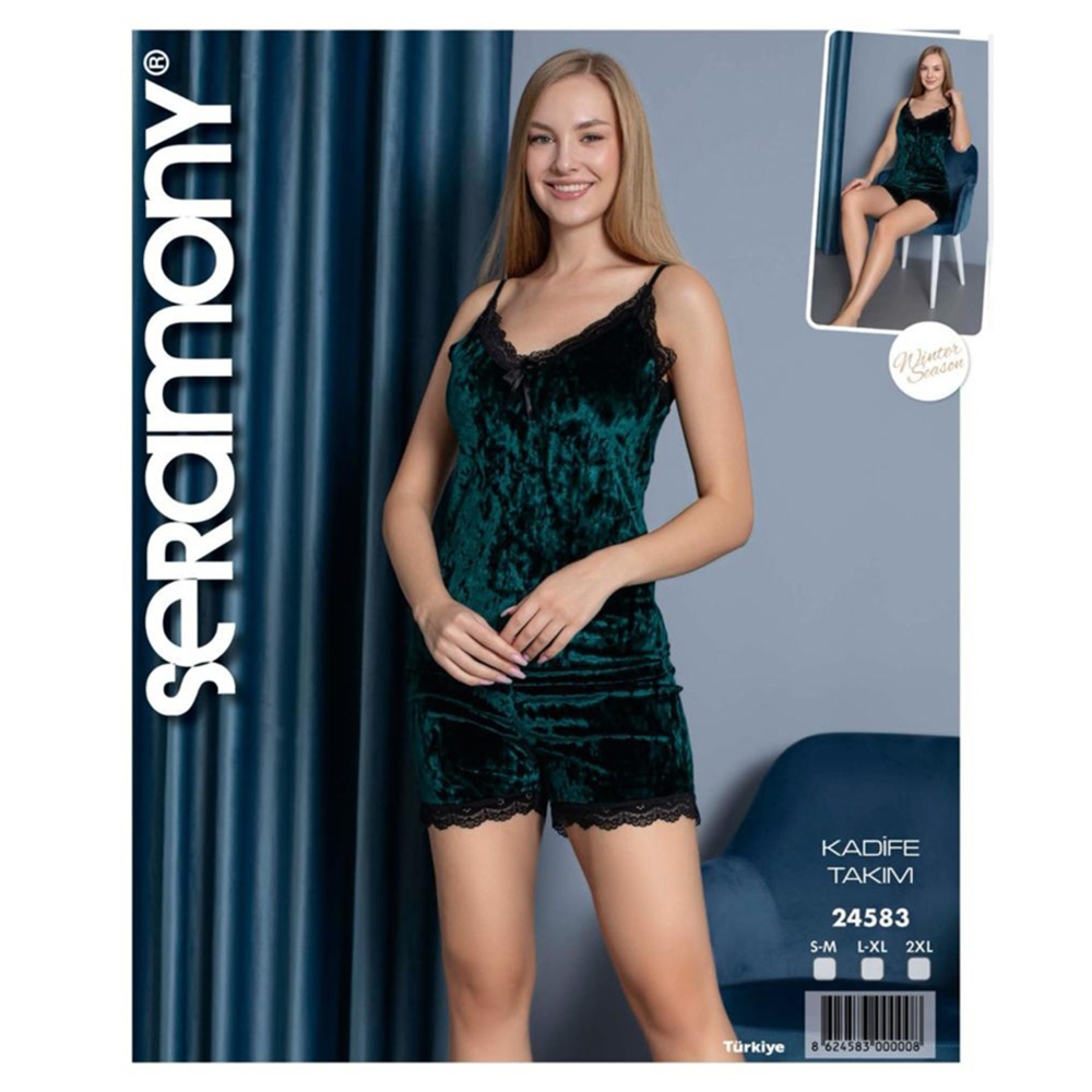 Seramony 24583 Bayan Kadife Şortlu Pijama Takımı - Mint Yeşil - XXL