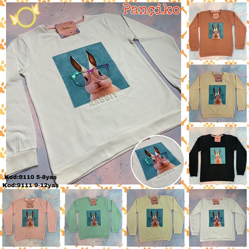 Pançiko 9111 Kız Çocuk Tavşan Baskılı Gofralı Penye Süprem Badi 9-12 Yaş - G.Kurusu