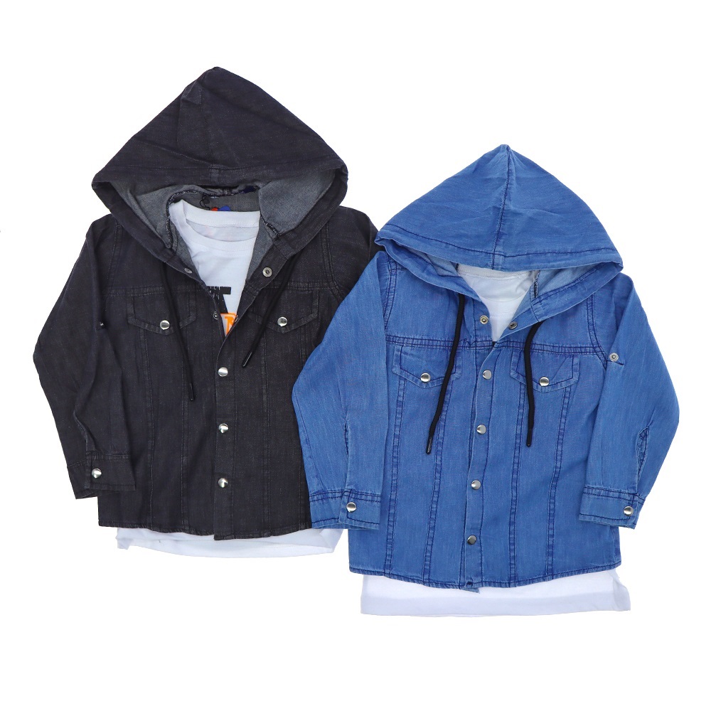 BRT 1008 Erkek Çocuk Ön 2 Cepli Tişörtlü Kapşonlu Arka Baskılı Kot Gömlek 5-8 Yaş- Füme