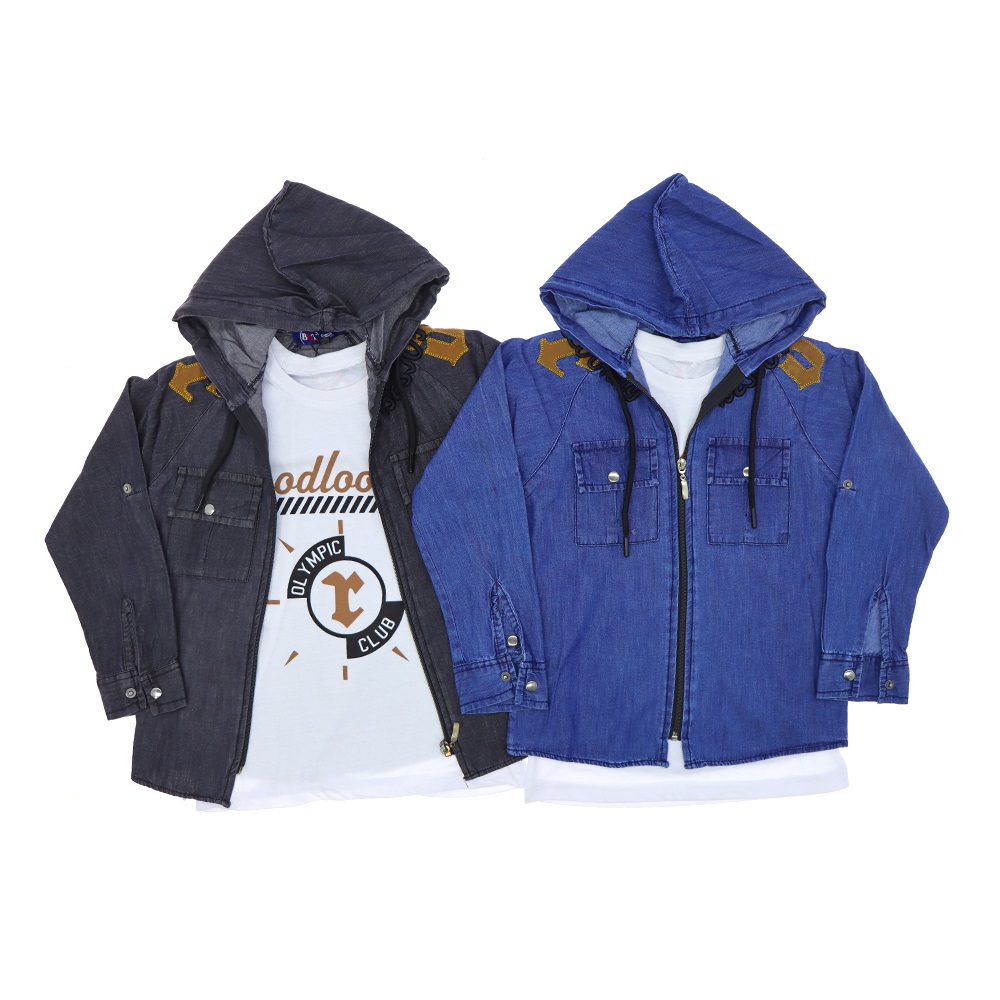 BRT 2010 Erkek Çocuk Çapa Nakışlı Tişörtlü Fermuarlı Kapşonlu Kot Gömlek 9-12 Yaş - Antrasit