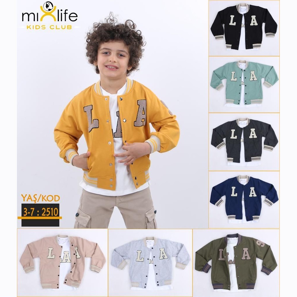 Mix Life 2510 Erkek Çocuk 2 İp La Süzine Nakışlı Kol Desenli Kolej Ceket Takım 3-7 Yaş
