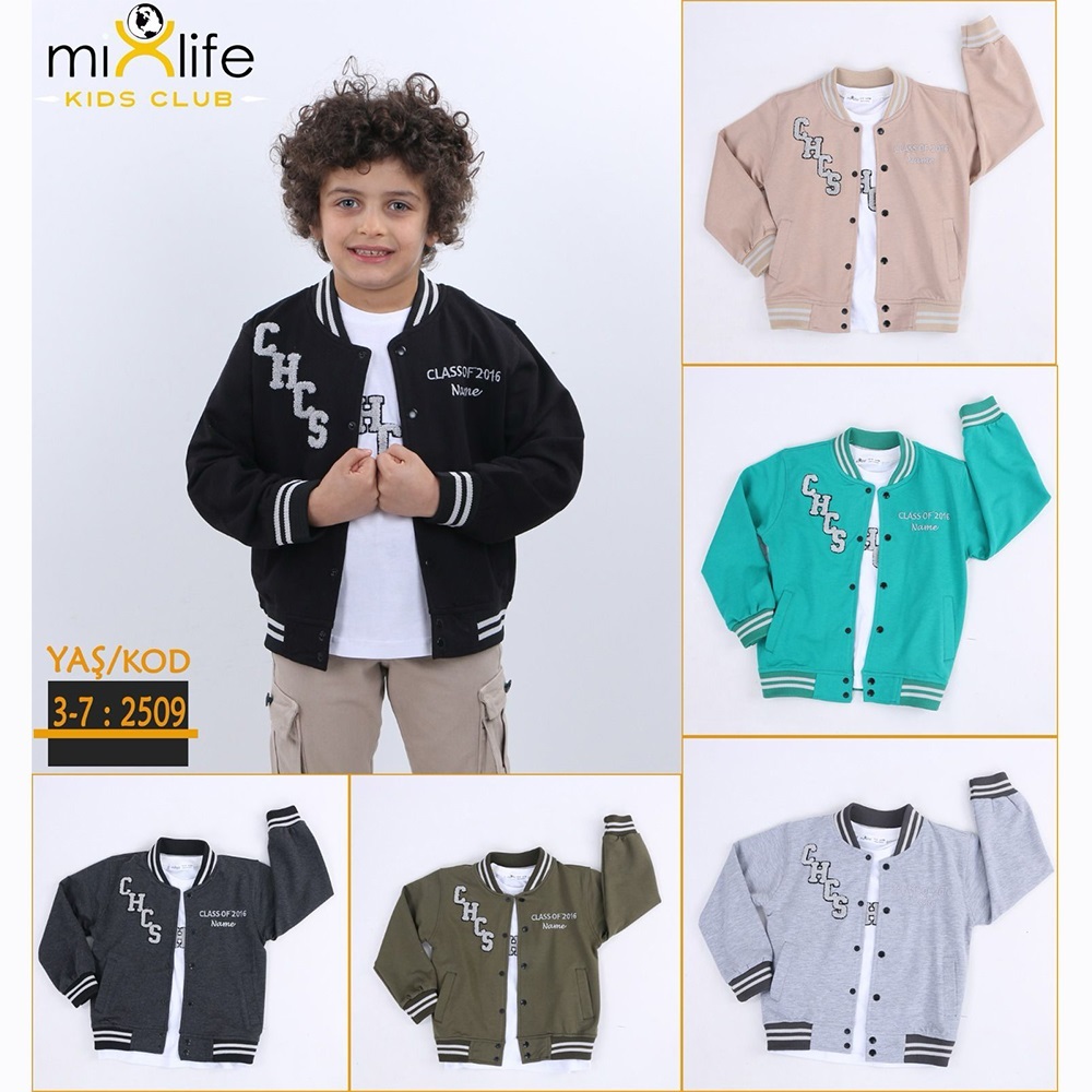 Mix Life 2509 Erkek Çocuk 2 İp Chcs Süzine Nakışlı Kol Desenli Kolej Ceket Takım 3-7 Yaş