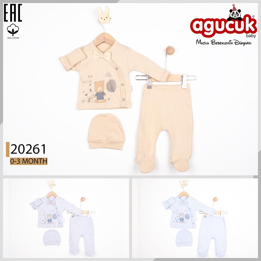 Agucuk Baby 20261 Bebe Penye Ayıcık Baskılı Patikli Şapkalı 3 Lü Zıbın Takım 0-3 Ay - Bej