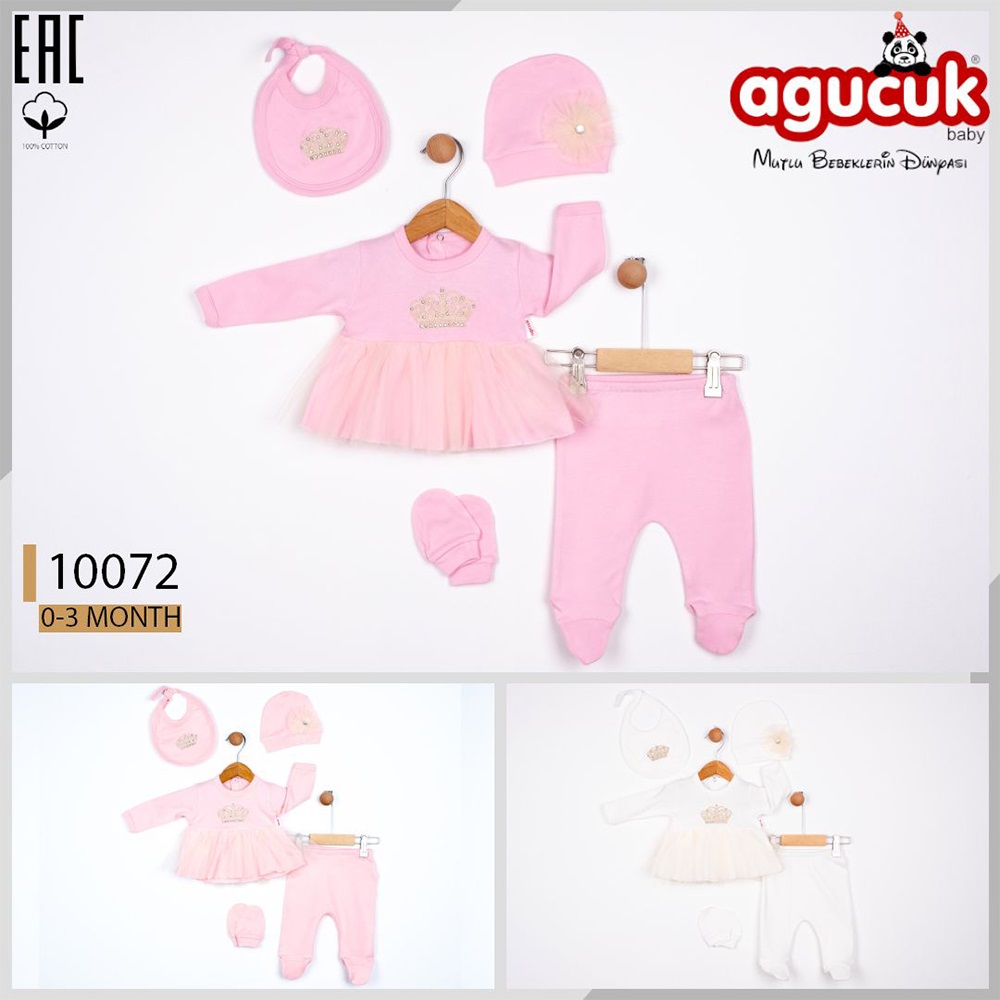 Agucuk Baby 10072 Kız Bebe Penye Taşlı Taç Nakışlı Tüllü Patikli Şapkalı 5 Li Zıbın Takım 0-3 Ay - Somon