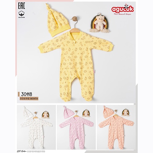 Agucuk Baby 30118 Kız Bebe Penye Tavşan Baskılı Patikli Tulum 3-12 Ay - Somon