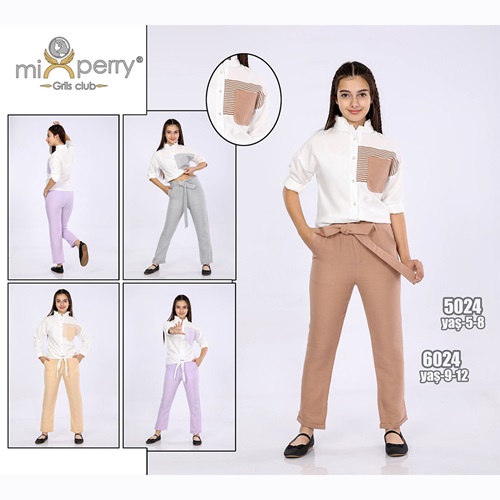 Mixperry 6024 Kız Çocuk Düz Kare Baskılı Gömlek Muslin Alt Takım 9-12 Yaş - 6024 - Kahverengi - 9-12 YAŞ