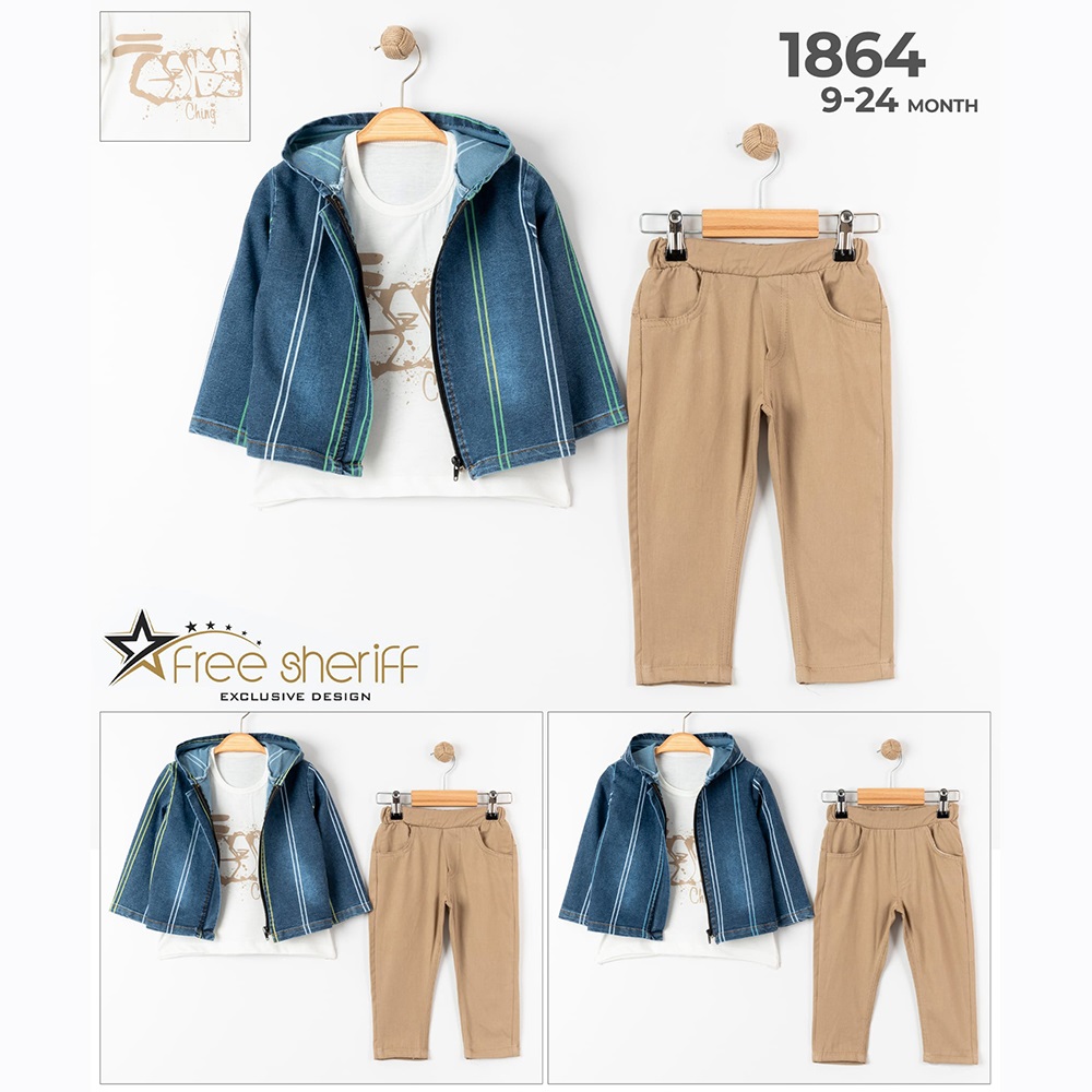 Free Sheriff 1864 Erkek Bebe Çizgili Kot Ceket Takım 9-24 Ay