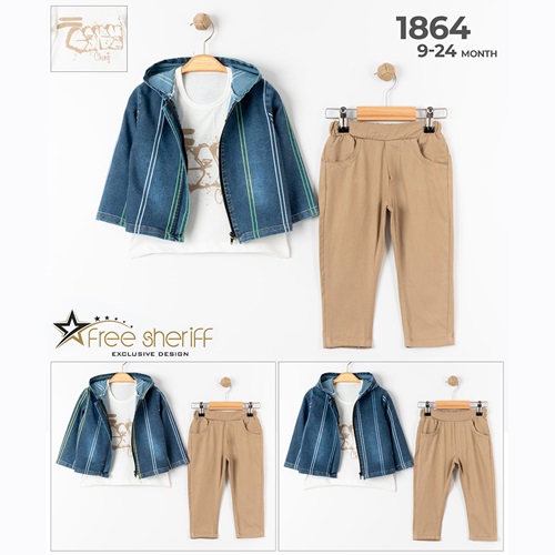 Free Sheriff 1864 Erkek Bebe Çizgili Kot Ceket Takım 9-24 Ay