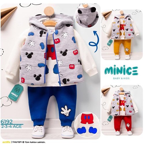 Minice 6192 Erkek Bebe Mickey Baskılı 3 lü Penye Takım 2-3-4 Yaş - 6192 - Sarı - 2-3-4 YAŞ