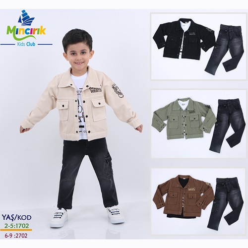 Mıncırık Kids 2702 Erkek Çocuk Zara Piefti Kemerli Kot Baskılı 3 Lü Gömlekli Takım 6-9 Yaş - Bej