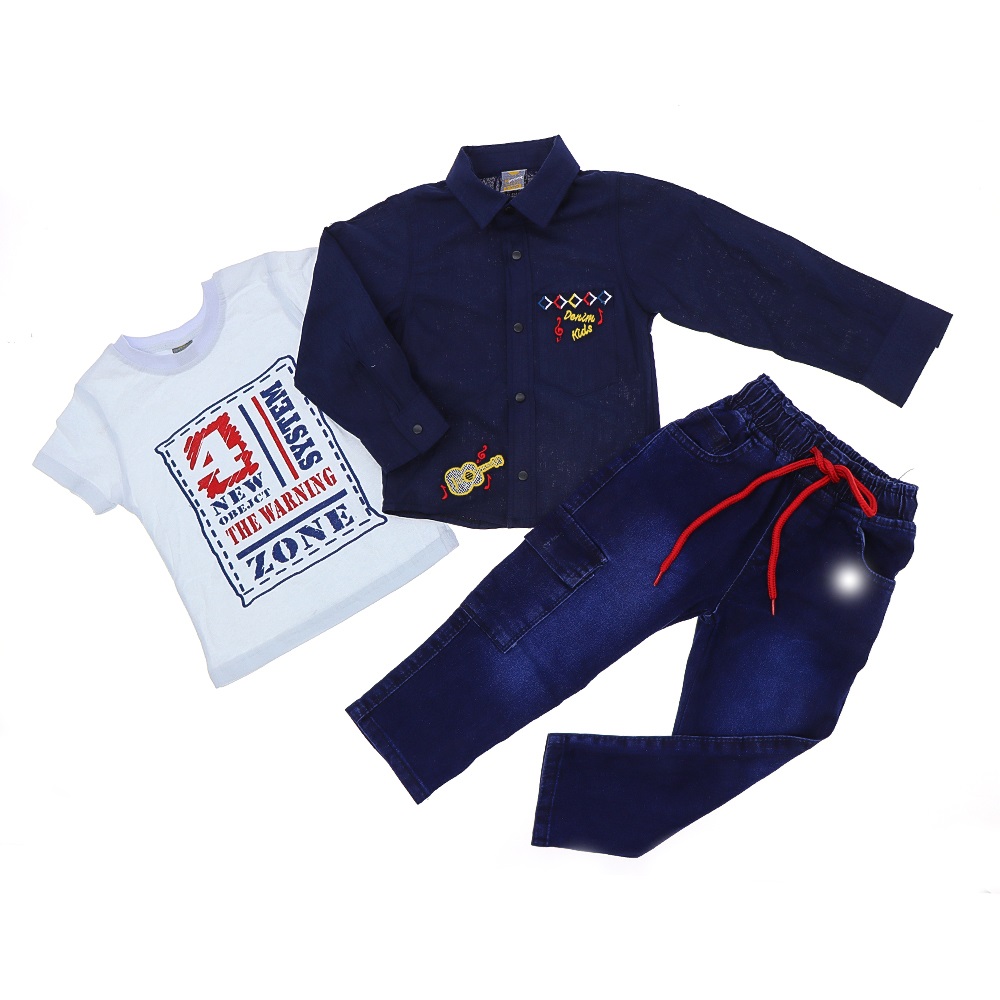 Mıncırık Kids 1731 Erkek Çocuk Gitar Nakışlı 3 Lü Gömlekli Takım 2-5 Yaş - Sarı