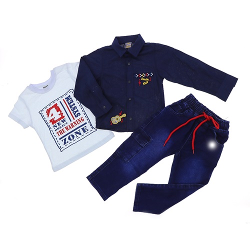 Mıncırık Kids 1731 Erkek Çocuk Gitar Nakışlı 3 Lü Gömlekli Takım 2-5 Yaş - Sarı