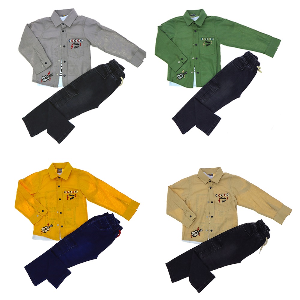 Mıncırık Kids 1731 Erkek Çocuk Gitar Nakışlı 3 Lü Gömlekli Takım 2-5 Yaş - Sarı